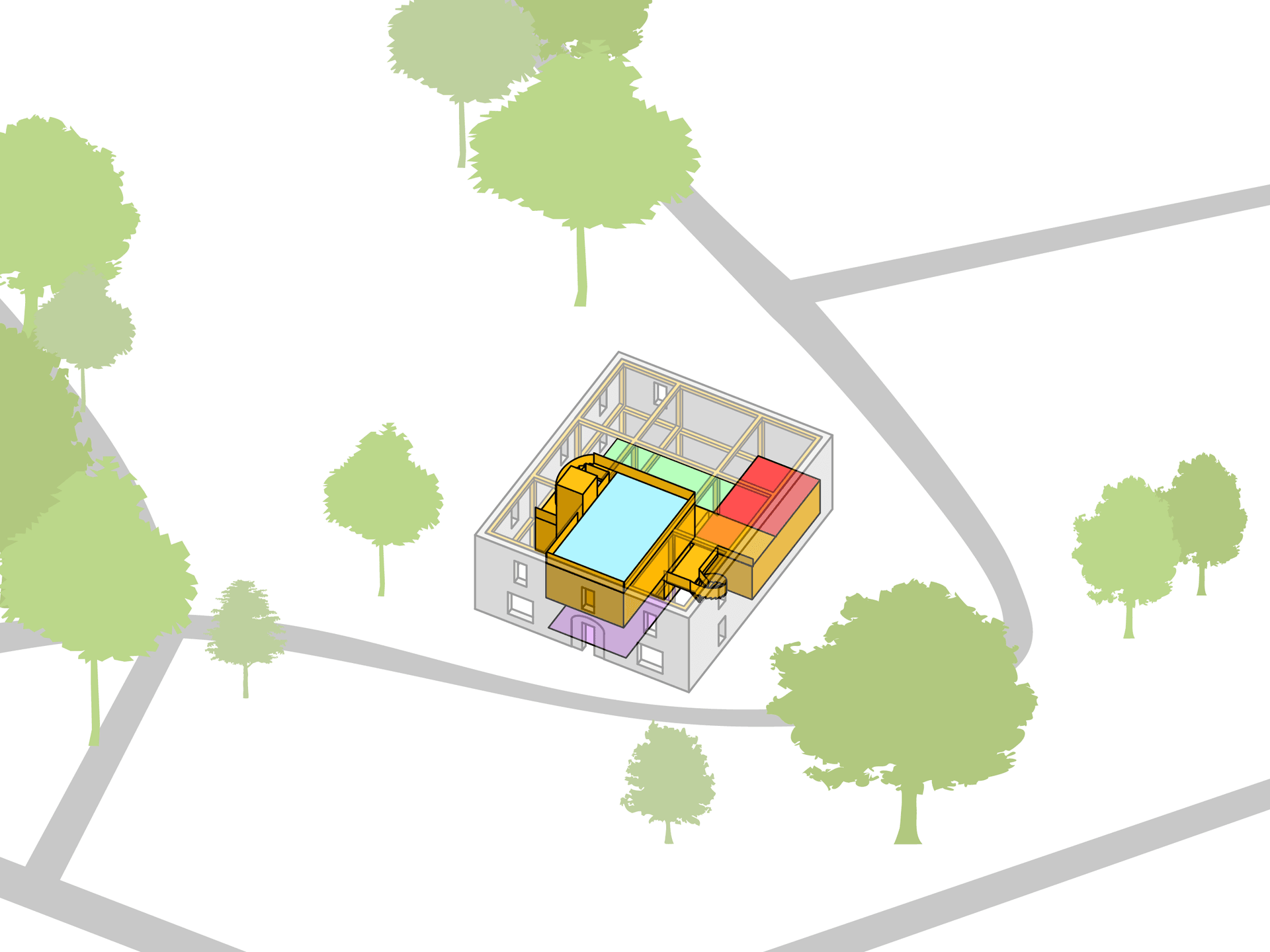 New outdoor spaces (rooms) will be created from the position of the volumes and will be connected through stairs and lift.