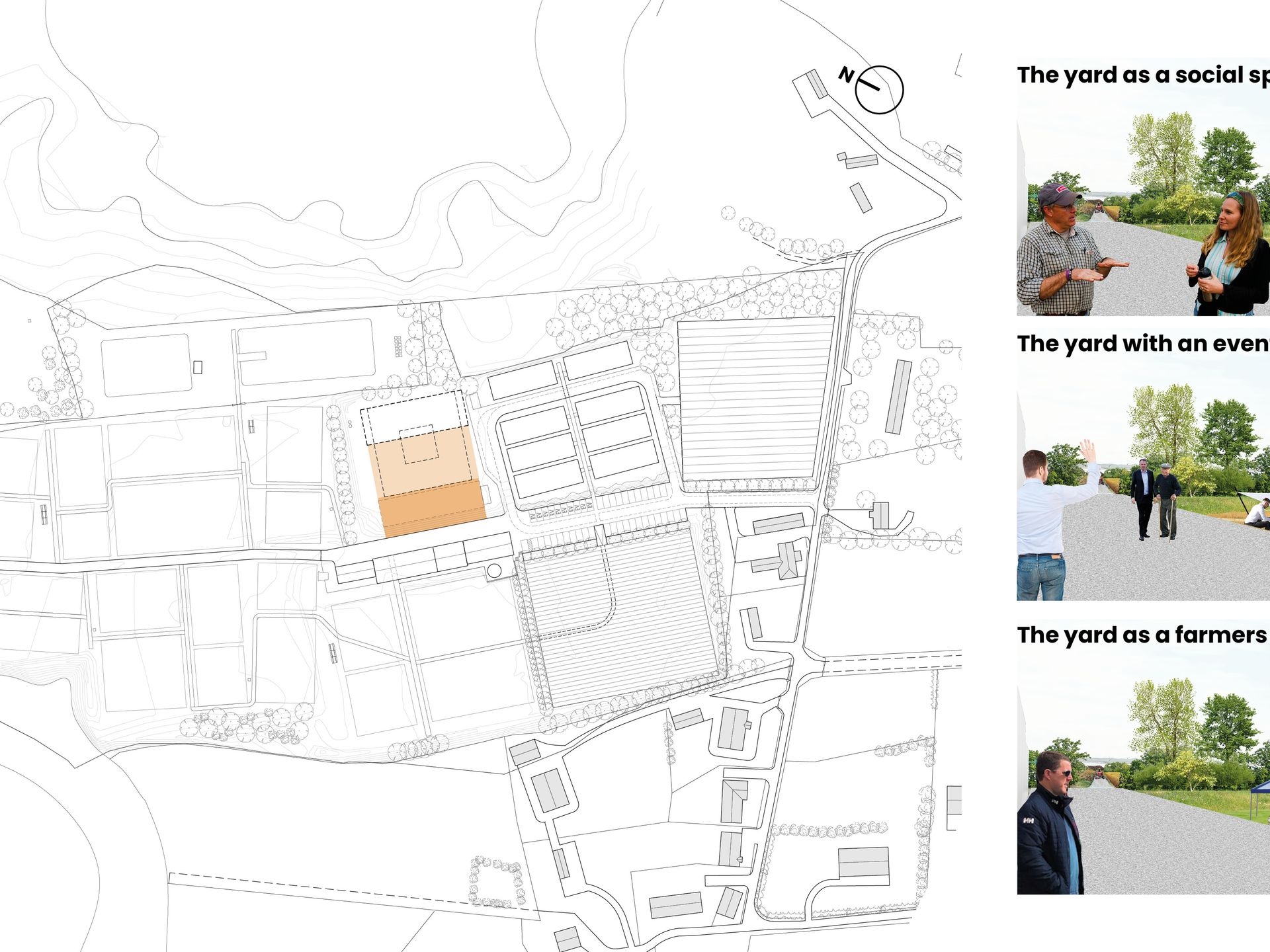 This is the space between the sheds and the hub. This area acts as a plaza within the site being a place for social congregation. In the instance that the hub is two stories high, this area will have increased capacity and can act as a multi-functional space where events can happen.