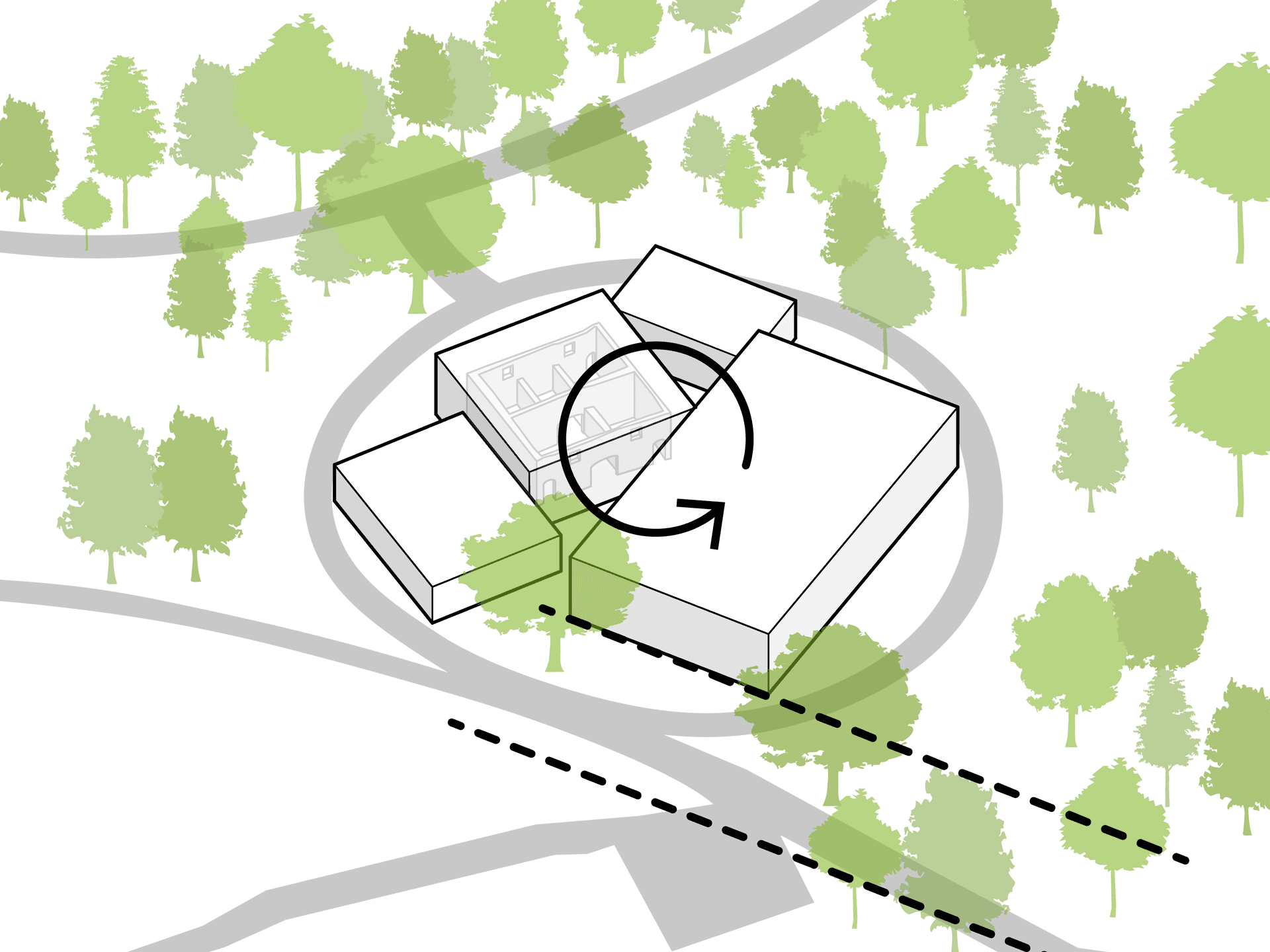 The volumes are rotate to save trees where possible and to create a welcoming approach from the Claremont Grounds entrance path.