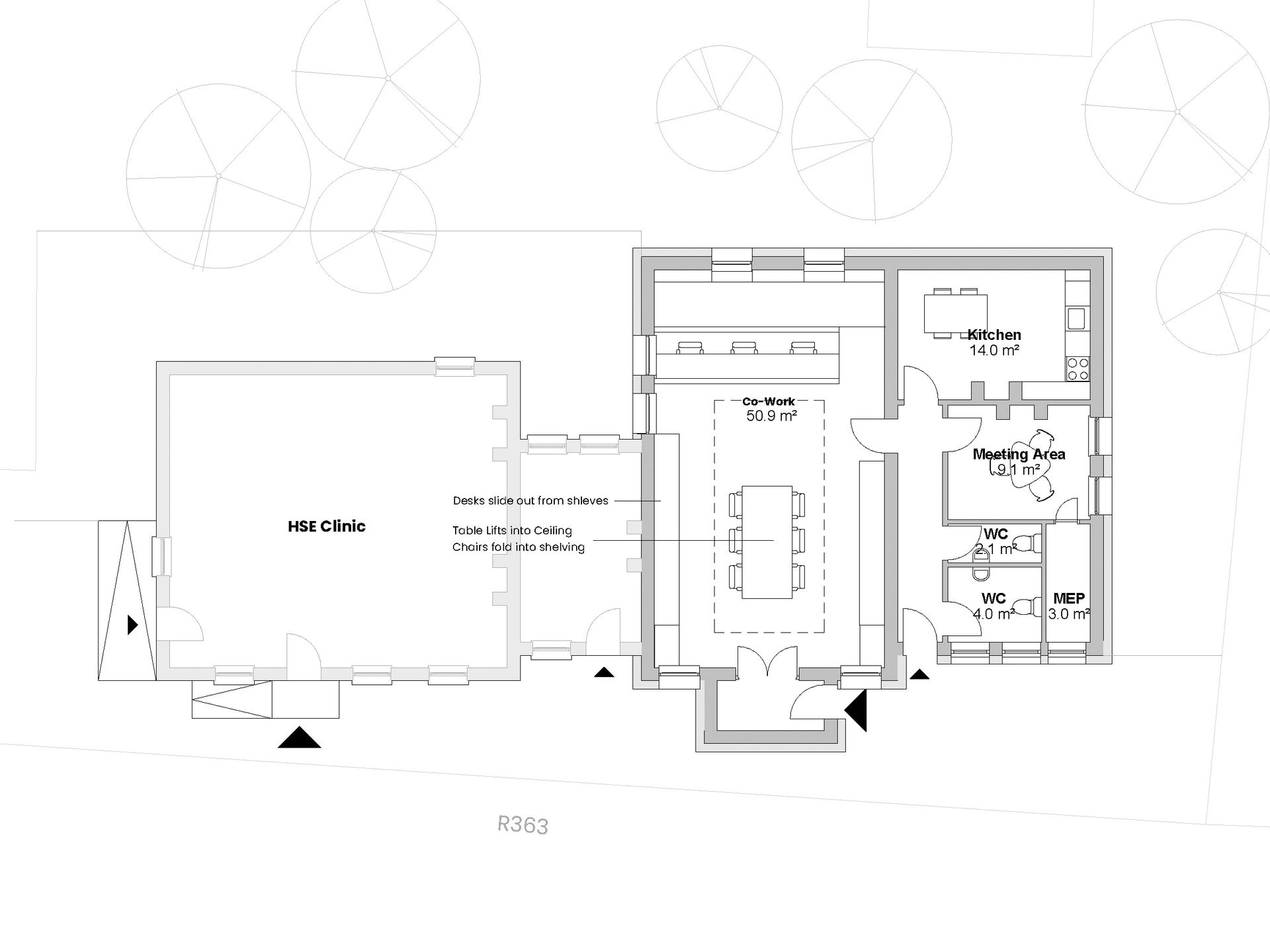 This proposed layout aims to provide sufficient space for dining, meetings and toilet facilities. The configuration shown in the remote working arrangement.