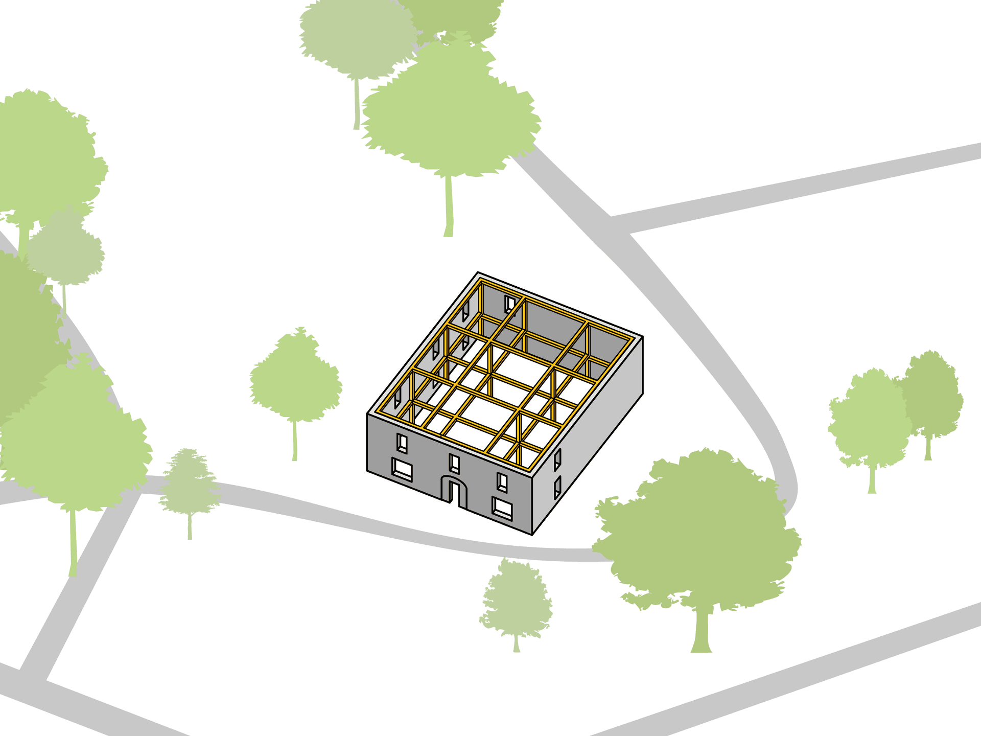 A timber structure will brace the exterior wall creating a new frame for uses to inhabit.